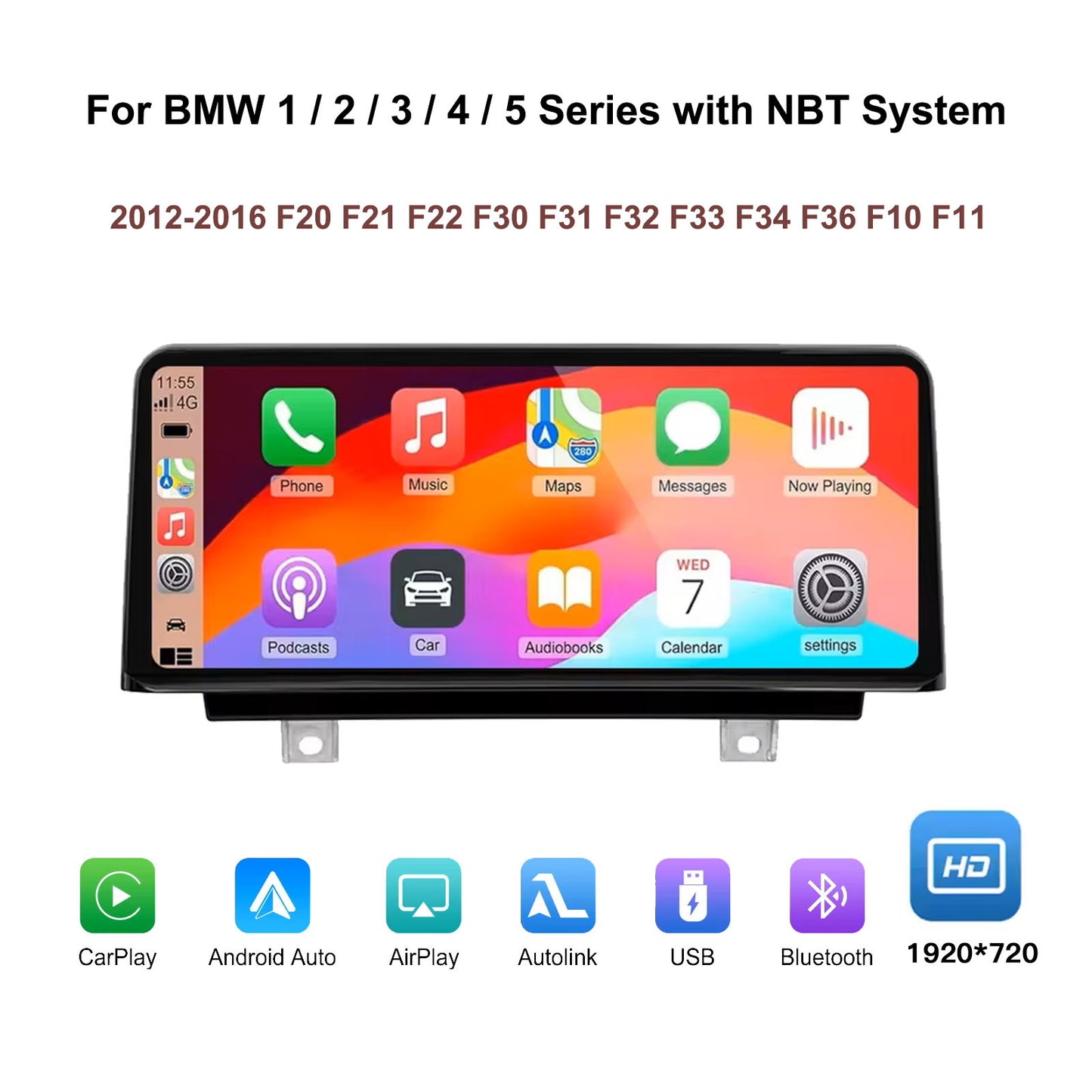 Linux CarPlay Multimedia Screen for BMW 1 Series F20 F21 / 2 Series F22 / 3 Series F30 F31 F34 / 4 Series F32 F33 F36 / 5 Series F10 F11 with NBT System