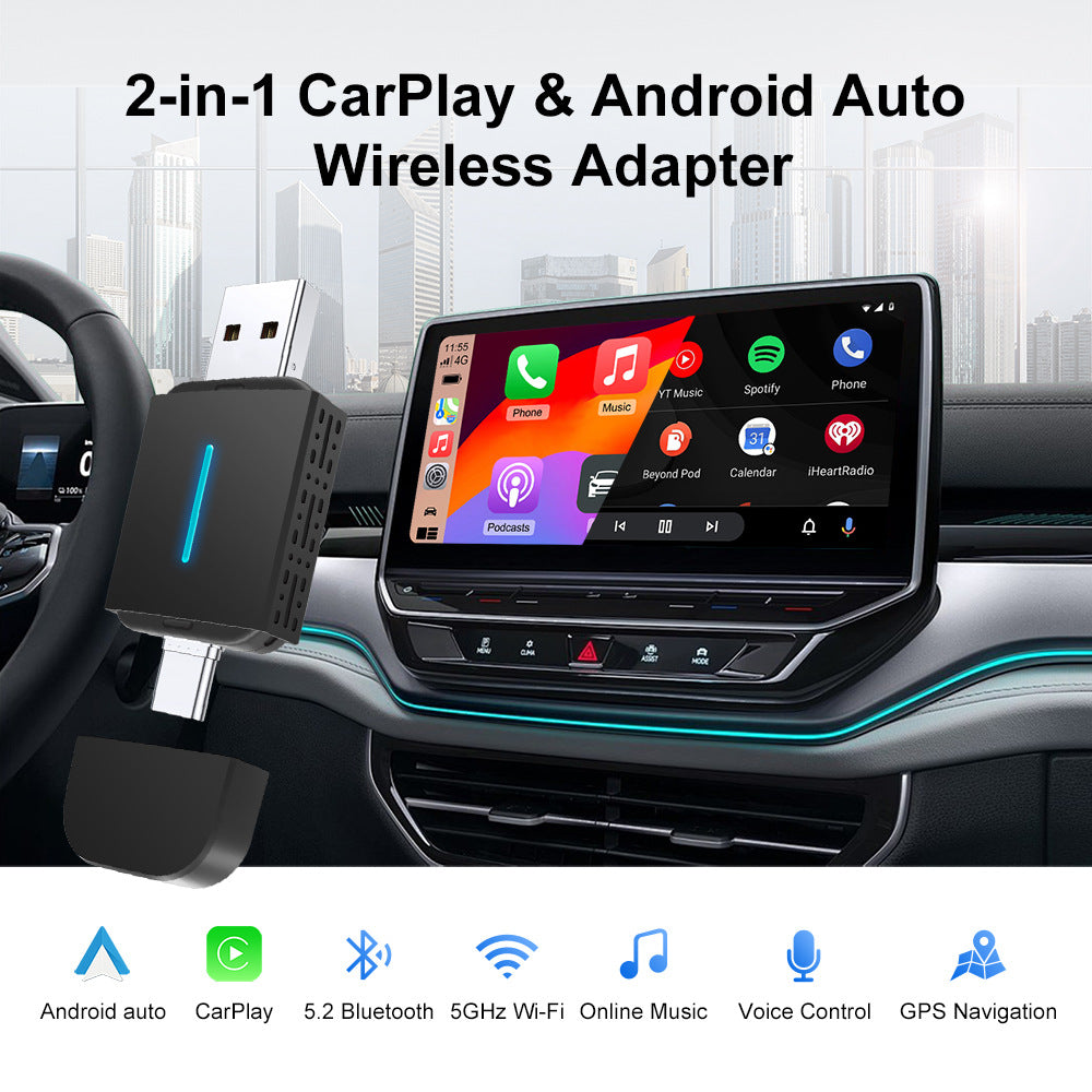 Dual Mode 2-in-1 Wireless CarPlay & Android Auto Adapter Compatible with Factory Wired CarPlay or Android Auto