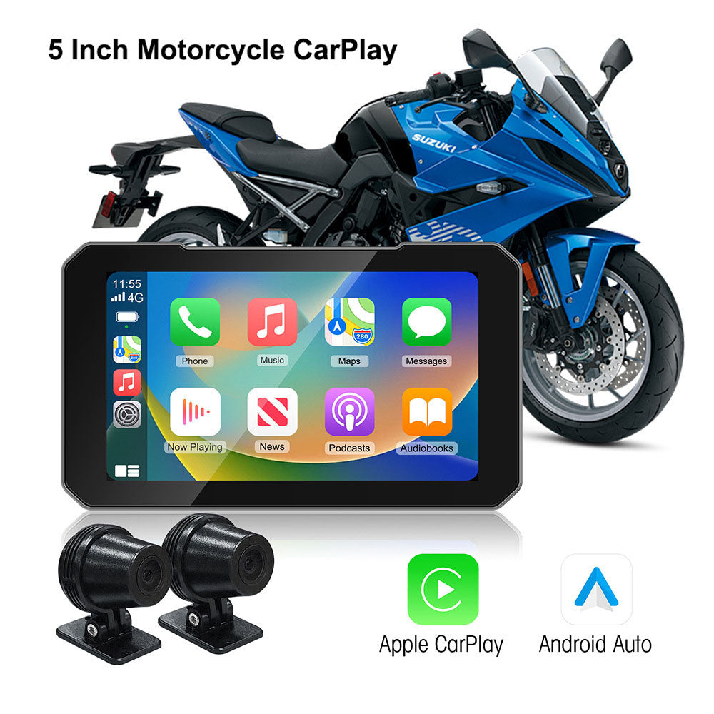 Motorcycle 5 Inch Wireless CarPlay & Android Auto Navigation Multimedia Front & Rear Dual Record TPMS