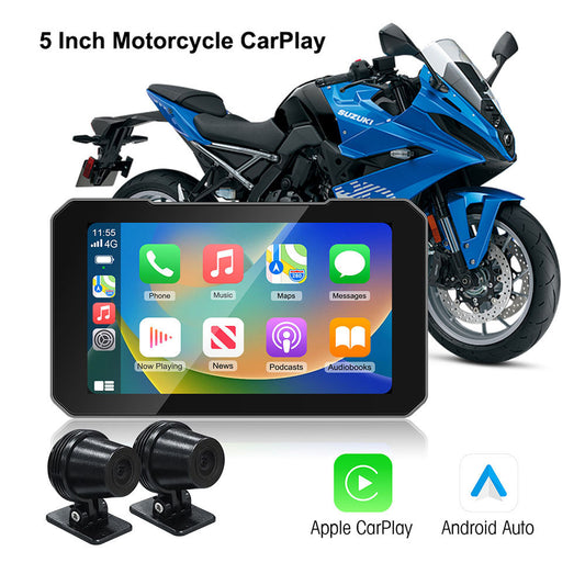 Motorcycle 5 Inch Wireless CarPlay & Android Auto Navigation Multimedia Front & Rear Dual Record TPMS