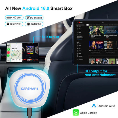 Android 16.0 Smart Box Wireless CarPlay & Android Auto Adapter Qualcomm Snapdragon 6350 CPU