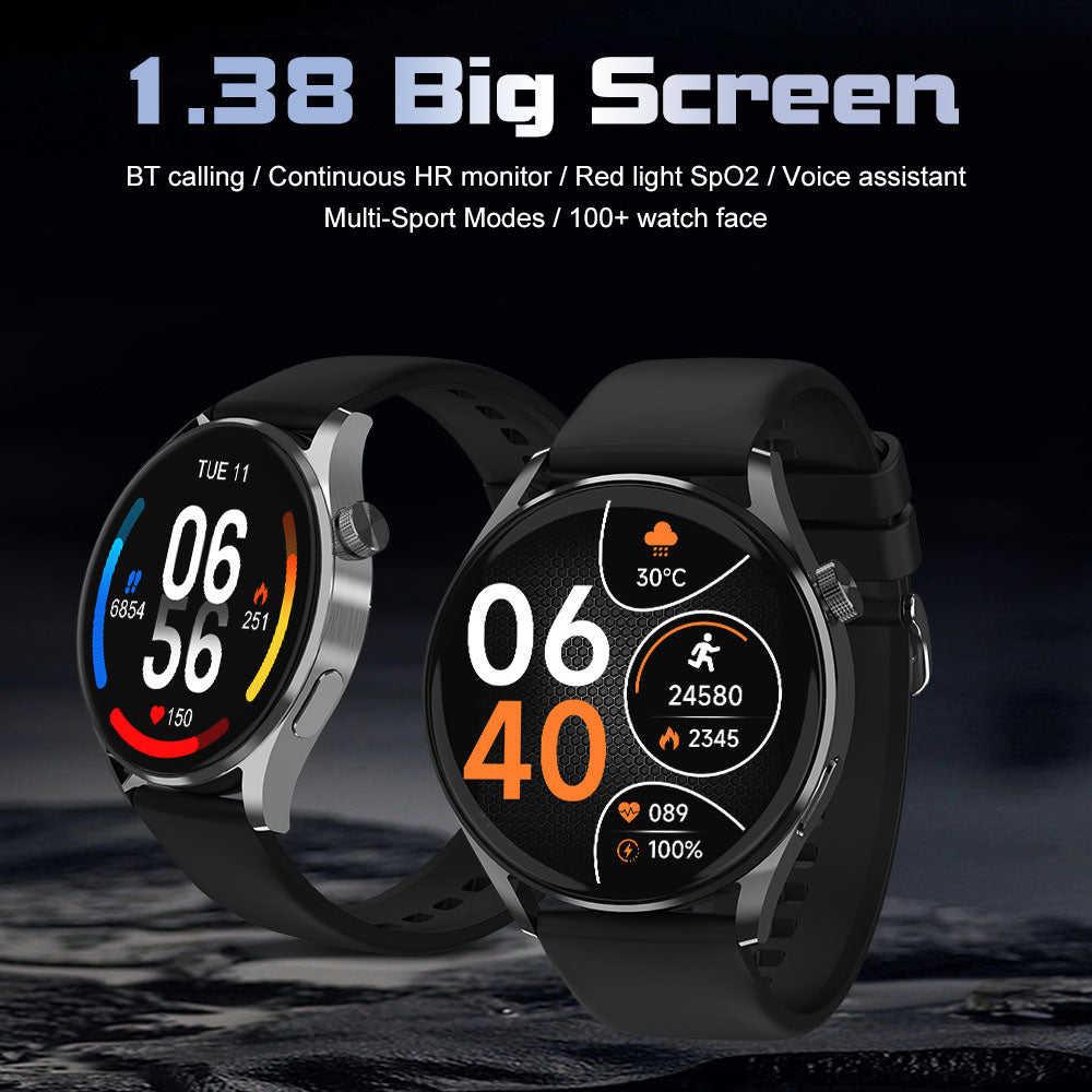 1.38” TFT Screen Smart Watch BT Phone Call Voice Assistant HR Monitor Red Light SpO2 Multi-Sport Modes
