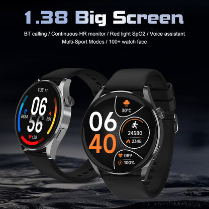 1.38” TFT Screen Smart Watch BT Phone Call Voice Assistant HR Monitor Red Light SpO2 Multi-Sport Modes