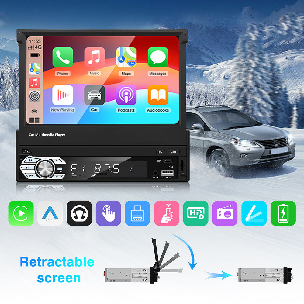 Motor Vehicle 1 Din 7 Inch Car Stereo Flip Down Retractable Screen Wireless CarPlay & Android Auto System