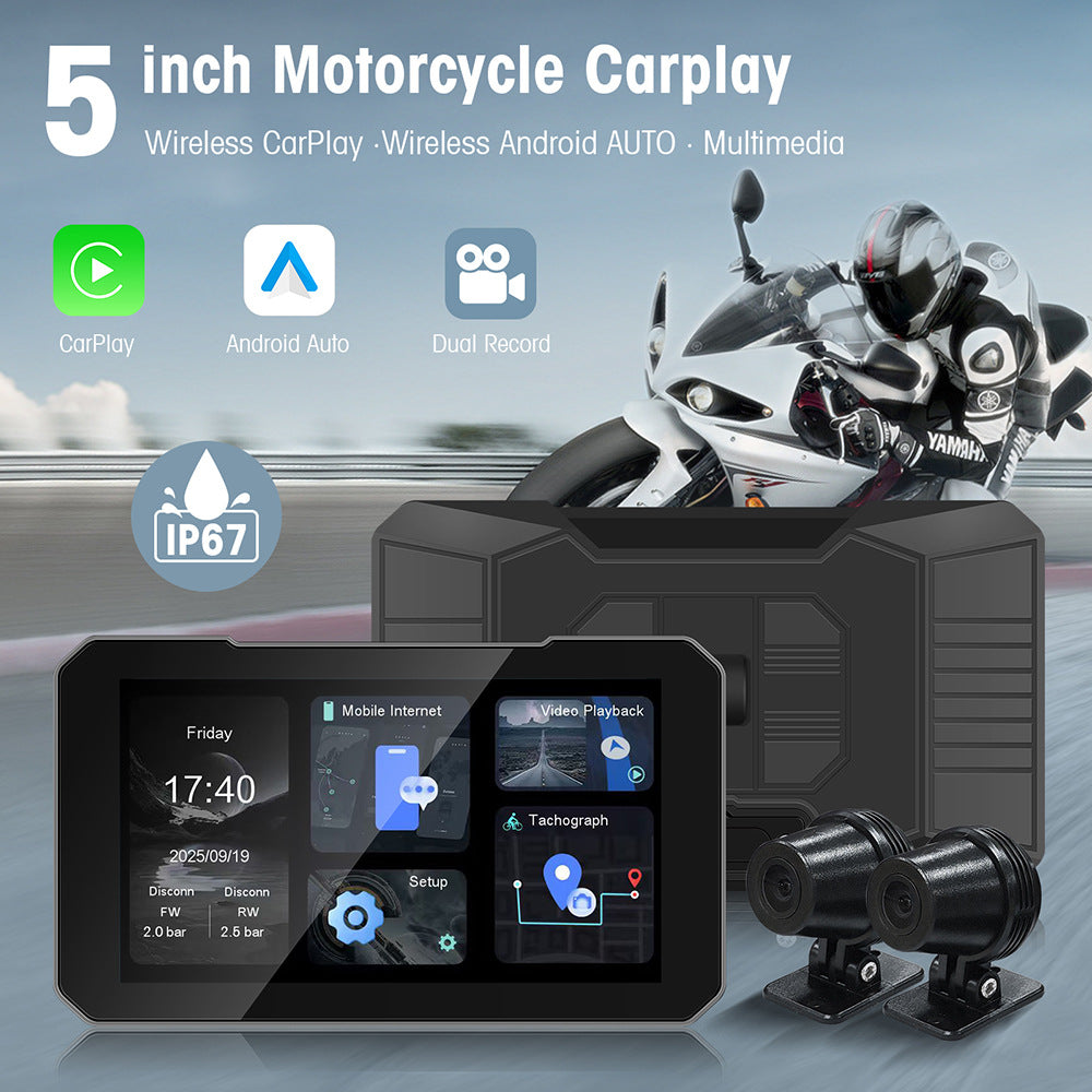 Motorcycle 5 Inch Wireless CarPlay & Android Auto Navigation Multimedia Front & Rear Dual Record TPMS