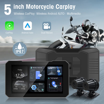Motorcycle 5 Inch Wireless CarPlay & Android Auto Navigation Multimedia Front & Rear Dual Record TPMS
