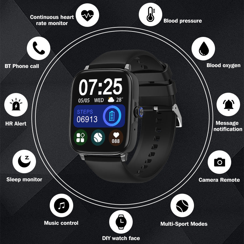 1.83” TFT Screen Smart Watch BT Phone Call Continuous HR Monitor Multi-Sports Mode Music Control DIY Watch Face