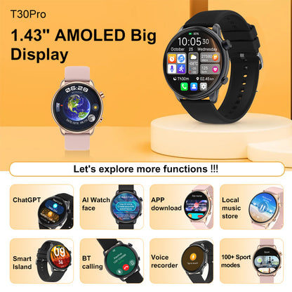1.43” AMOLED Screen Smart Watch BT Call ChatGPT AI Watch Face Smart Island APP Download Local Music Store Gesture Control