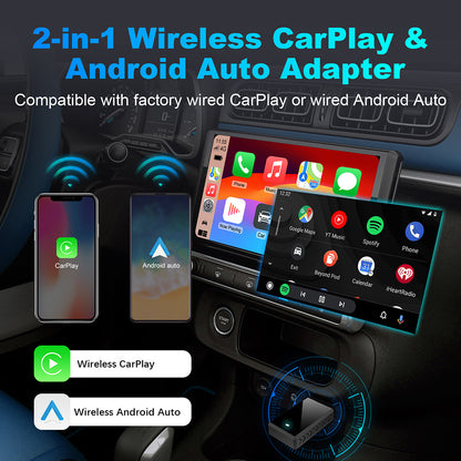2-in-1 Wireless CarPlay & Android Auto Adapter Compatible with Factory Wired CarPlay or Android Auto