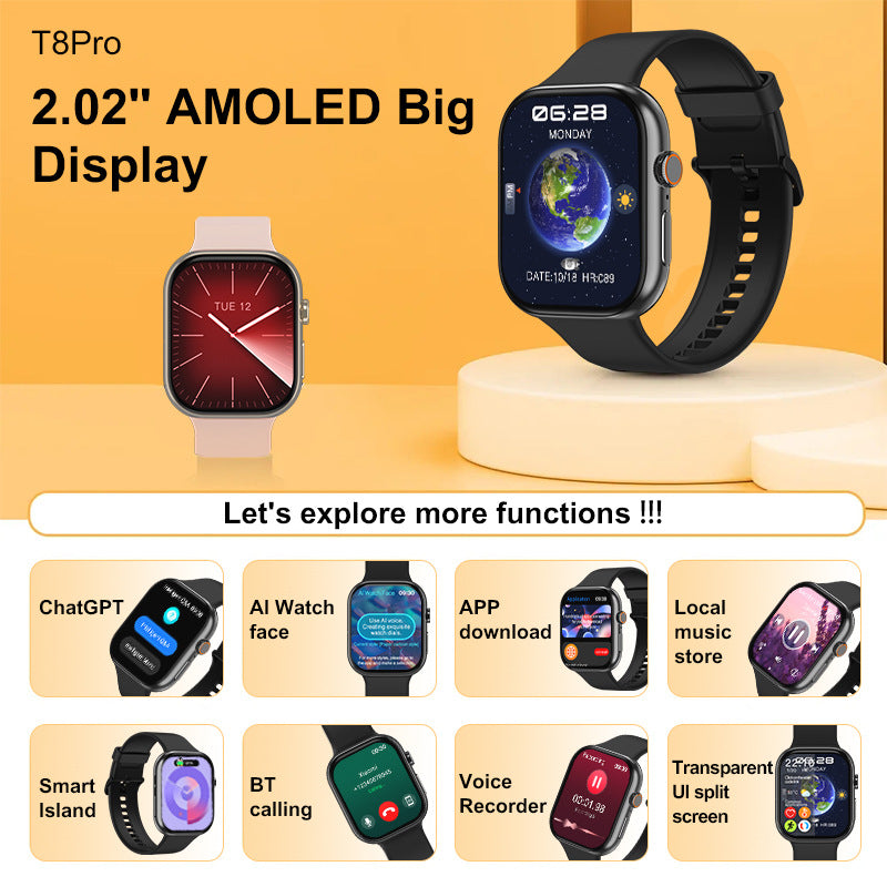2.02” AMOLED Screen Smart Watch BT Call ChatGPT AI Watch Face Smart Island APP Download Local Music Store Gesture Control