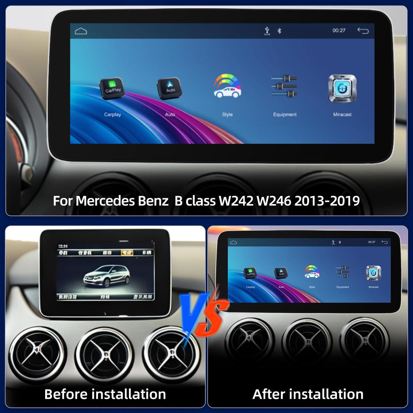 10.25 Inch / 12.3 Inch Linux System Wireless CarPlay Android Auto Screen for Mercedes-Benz B Class W246 W242 NTG4.5 (2012 - 2014) / NTG5.0 (2015 - 2018)
