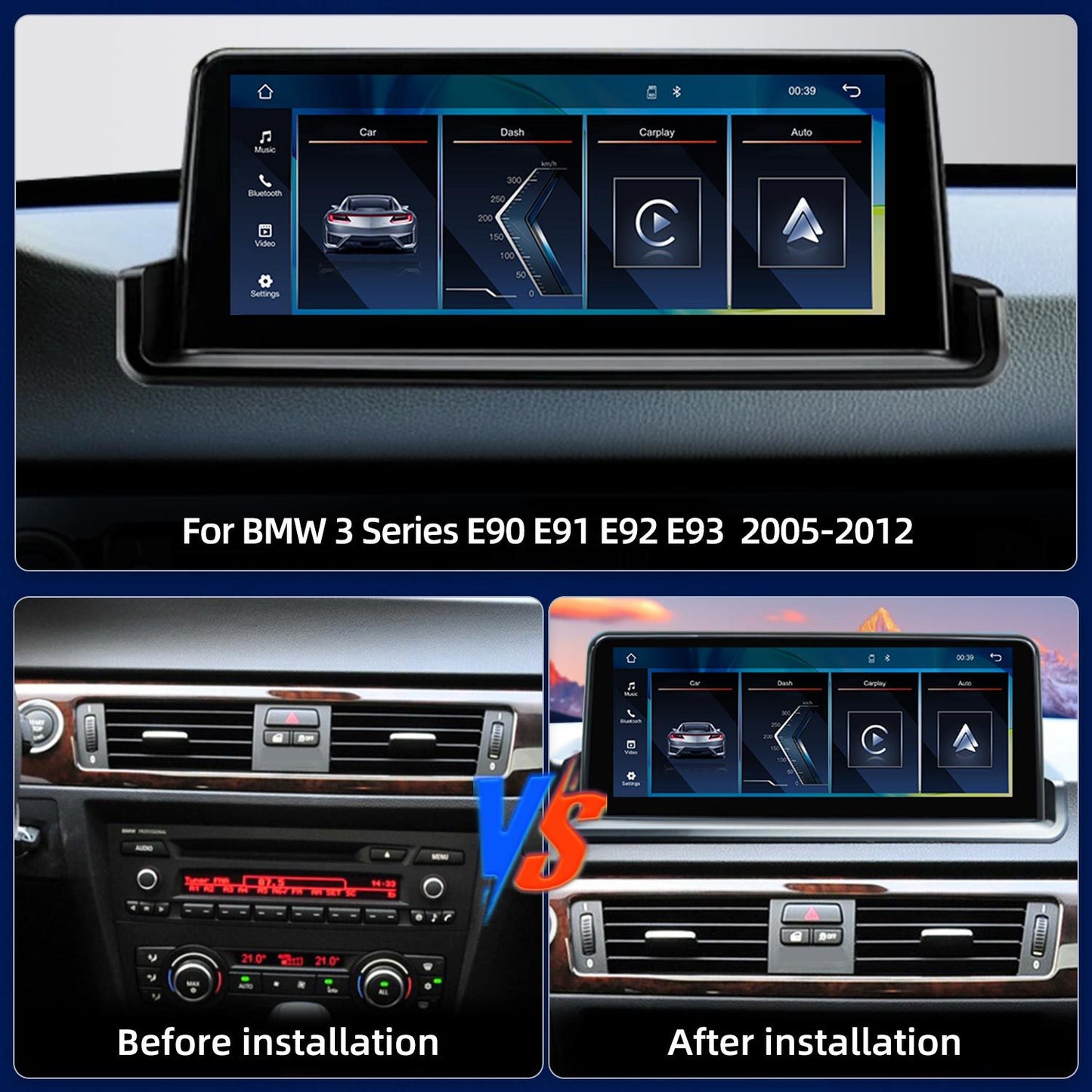10.25 Inch Linux System Wireless CarPlay Android Auto Screen for BMW 3 Series E90 E91 E92 E93 without Original Screen (2005 - 2012)