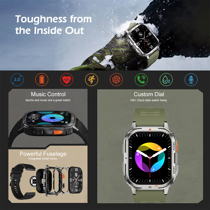 2.0” TFT Screen Smart Watch Military Style Outdoor Hiking BT Phone Call Voice Assistant Multi-Sport Modes