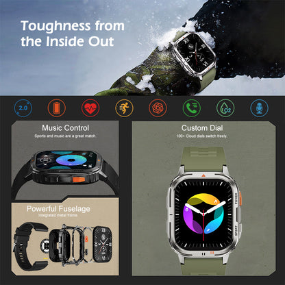 2.0” TFT Screen Smart Watch Military Style Outdoor Hiking BT Phone Call Voice Assistant Multi-Sport Modes