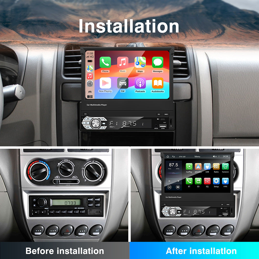 Motor Vehicle 1 Din 7 Inch Car Stereo Flip Down Retractable Screen Wireless CarPlay & Android Auto System
